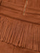 Close-up of the textured fringe overlay and side pocket opening on the brown suede-style fabric.