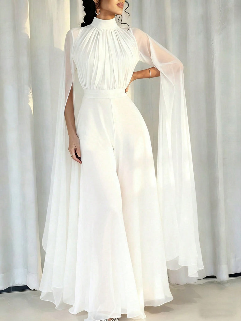 1930s Satin Long Sleeve Ruffled Hem Ruched Jumpsuit