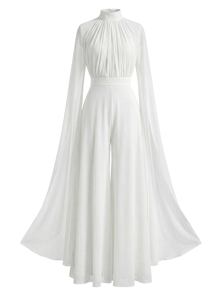 1930s Satin Long Sleeve Ruffled Hem Ruched Jumpsuit