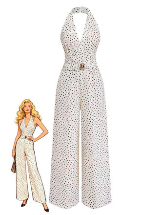 Vintage 1930s white polka dot halter jumpsuit with deep V neckline and ruched waist detail modeled for retro summer occasions