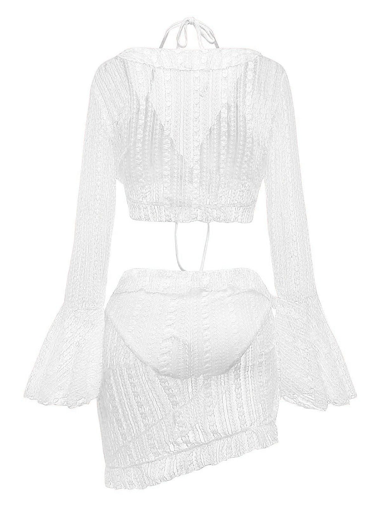 The 3-piece lace swimwear set shown in crisp white, perfect for a boho beach look.