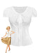 A classic white vintage-style blouse featuring short puff sleeves, a delicate front bow tie, and a structured ruched waist for a slim silhouette.