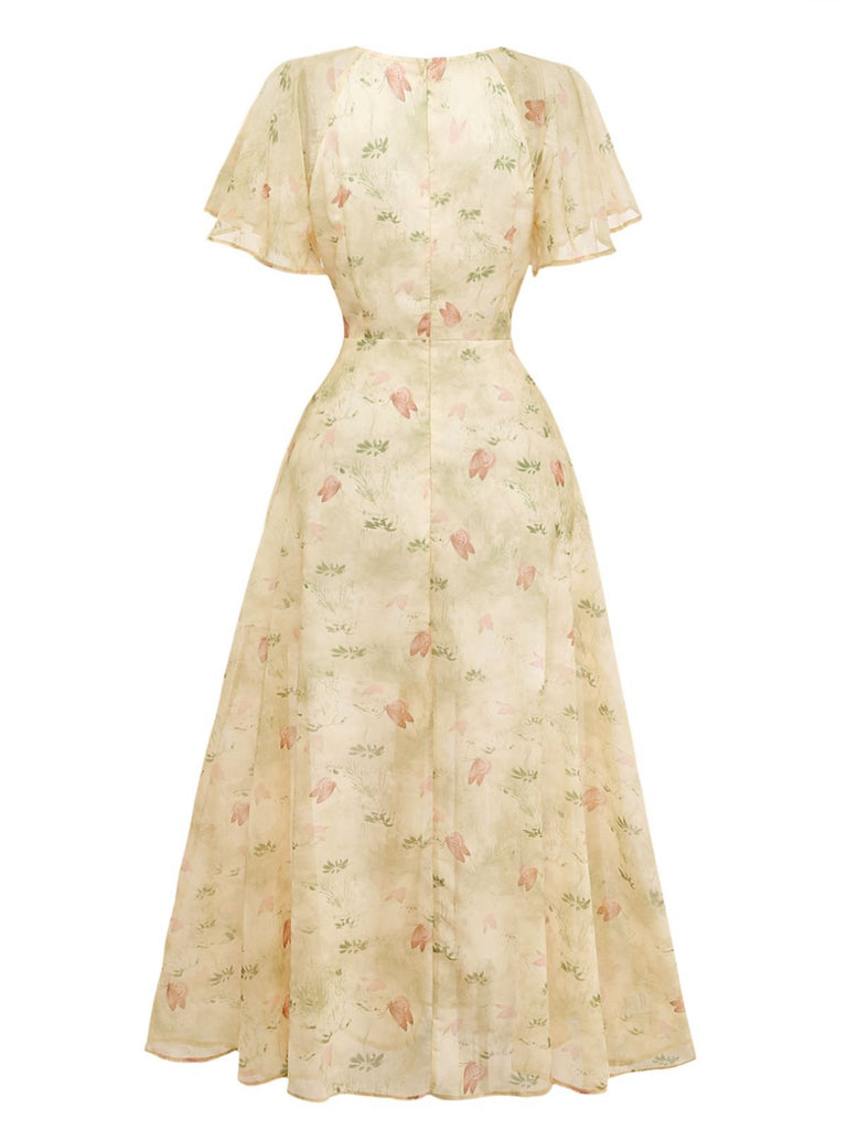 Yellow 1930s Butterfly Flutter Sleeve Chiffon Dress-back-view
