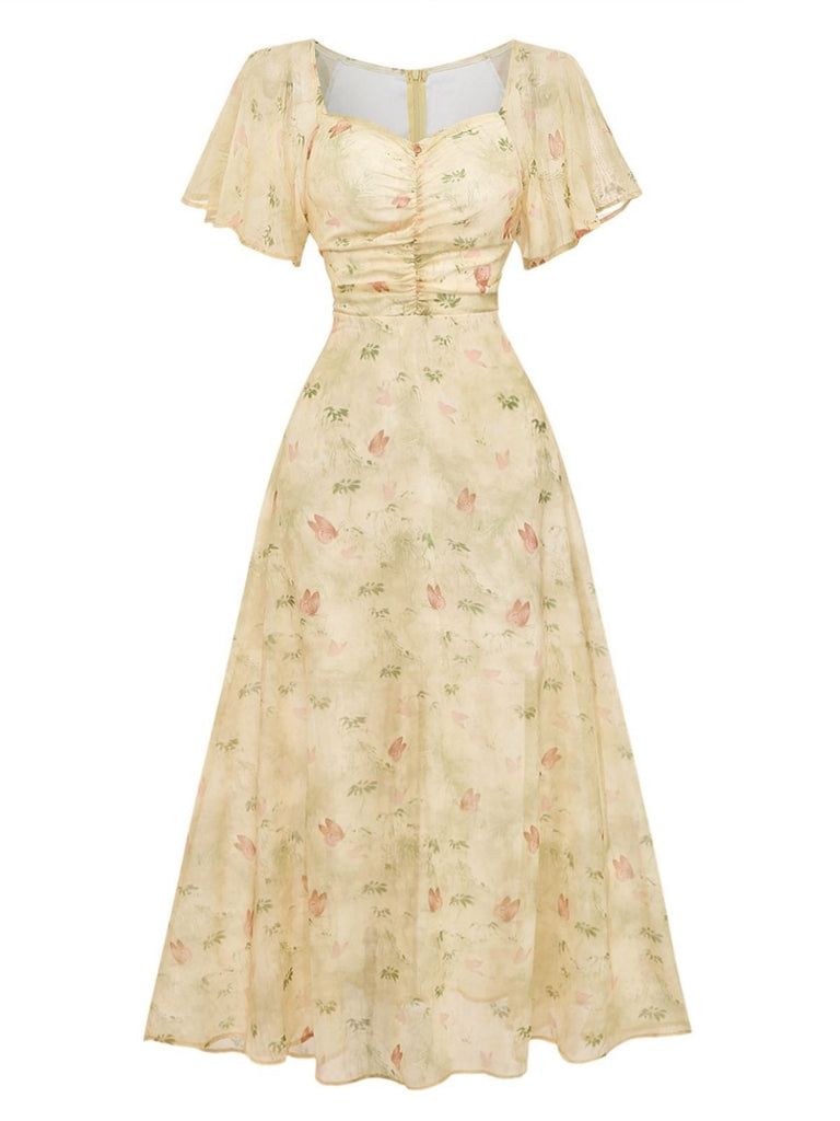 Sunny yellow 1930s butterfly print chiffon dress featuring romantic flutter sleeves and square neckline for vintage themed events and tea parties