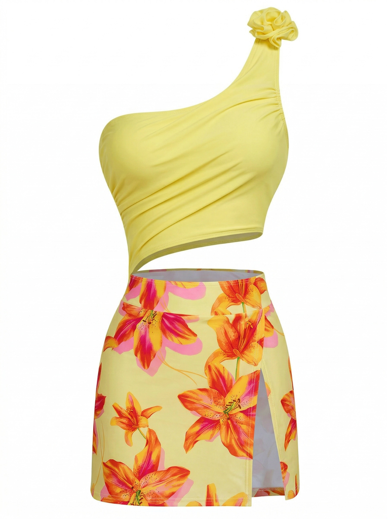 Yellow 1940s 3D Floral One-Shoulder One-Piece Swimdress on a white background