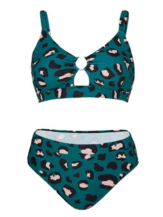 [Plus Size] Blue Green 1960s Leopard Suspender Swimsuit