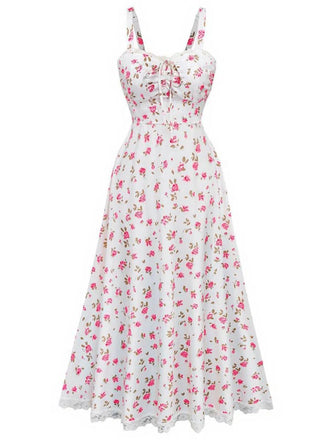 Pink 1940s Rose Strap Lace Patchwork Dress