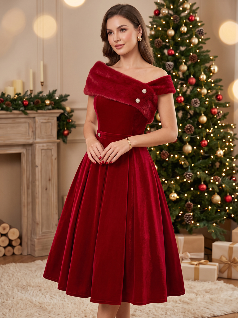 Red 1950s Off Shoulder Fur Button Velvet Dress