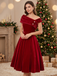 Red 1950s Off Shoulder Fur Button Velvet Dress