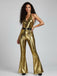 1970s Metallic Disco Halter Belted Jumpsuit
