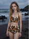 Black 1950s Floral Print Lace-Up Halter Swimsuit