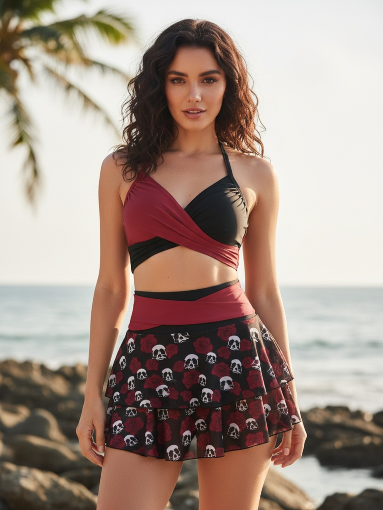 Black & Red 1980s Gothic Skull Rose Halter Skirt Swimsuit