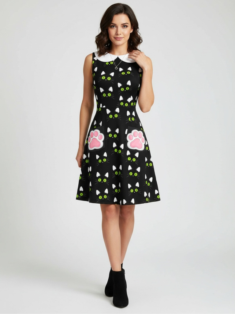 [Pre-Sale] Black 1960s Cat Print Paw Pockets Dress