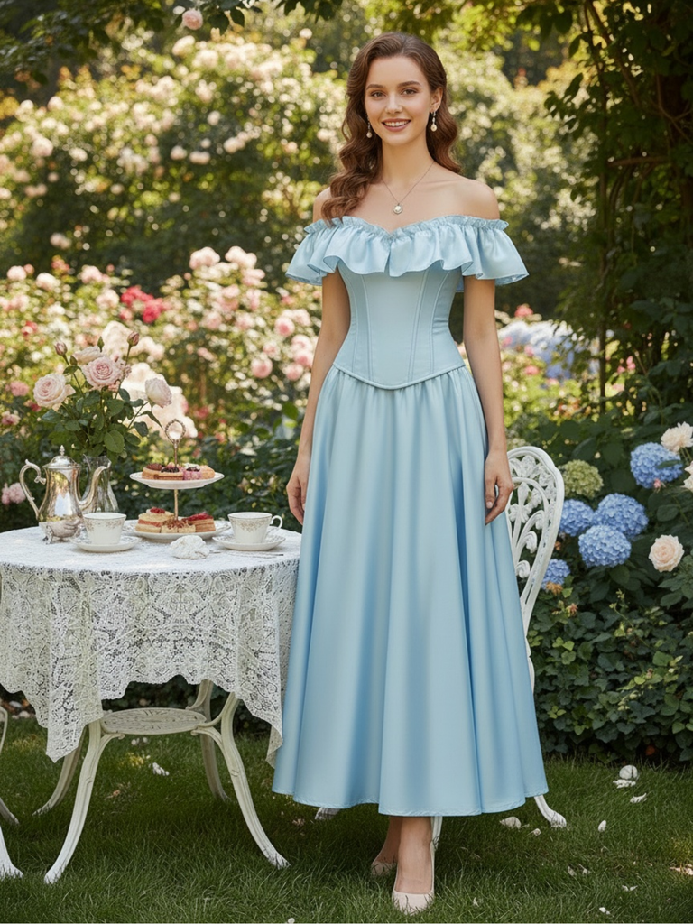 [Pre-Sale] Light Blue 1950s Ruffle Lustrous Waist-Defining Dress