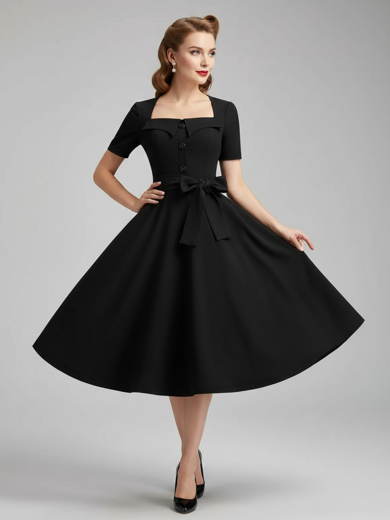 1950s Square Neck Short Sleeves Dress