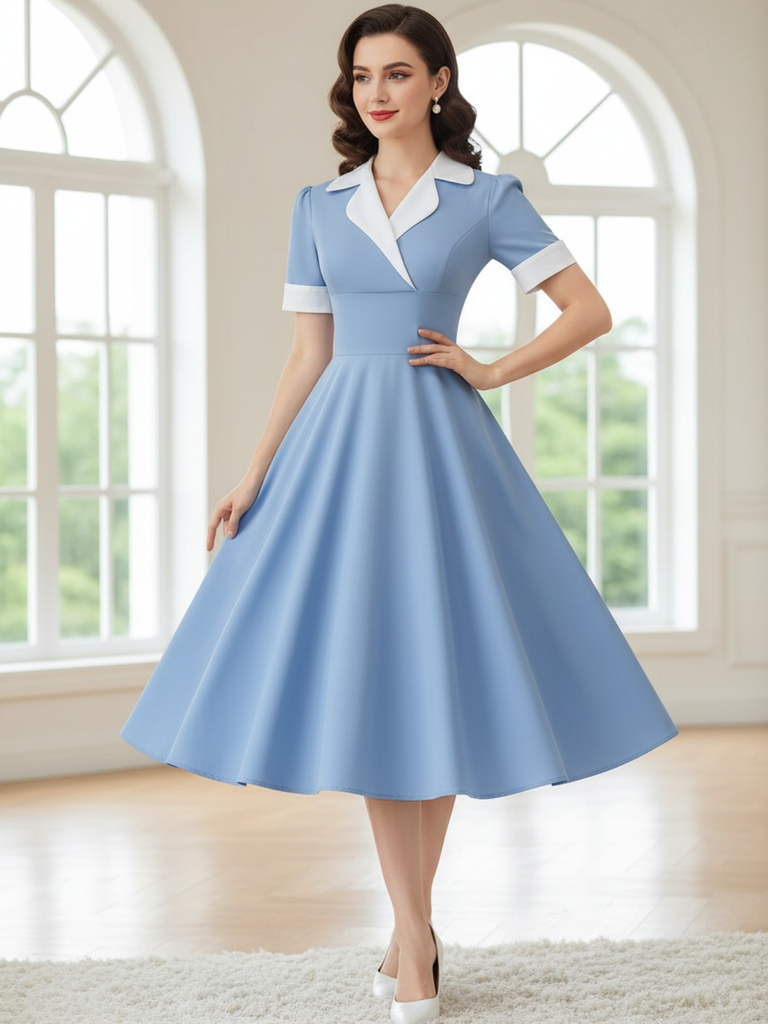 1950s Notched Collar Colorblock Swing Dress
