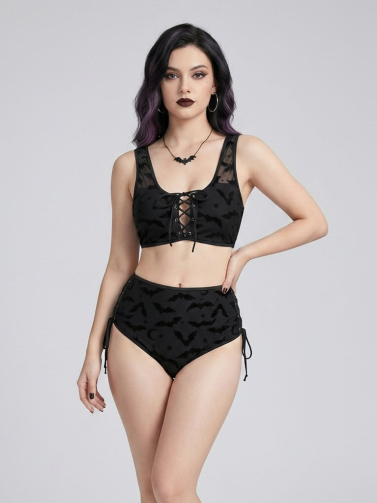 Black 1980s Strap Bat Mesh Gothic Bikini Set