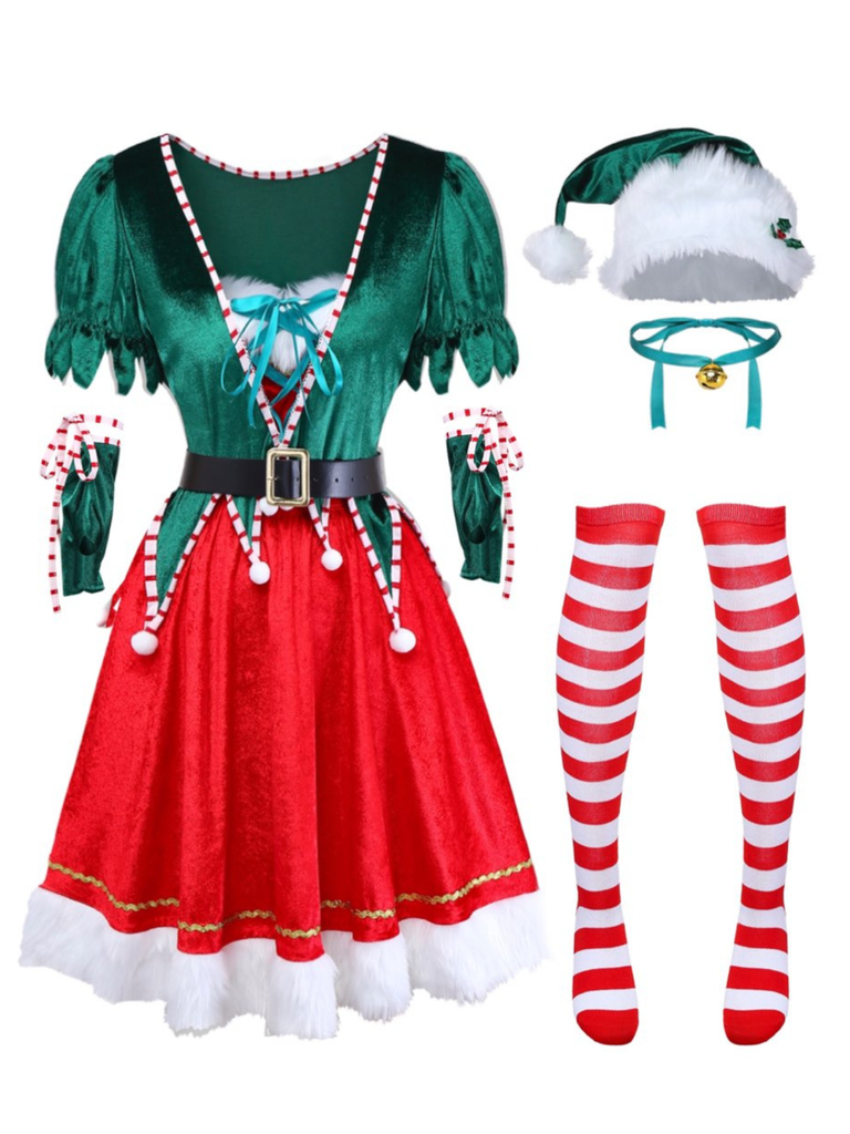 1960s Christmas Green V-Neck Top & Red Fur Trimmed Skirt