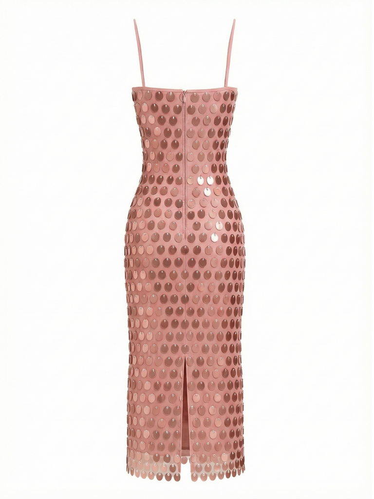 1930s Solid Sequined Back Slit Spaghetti Strap Dress