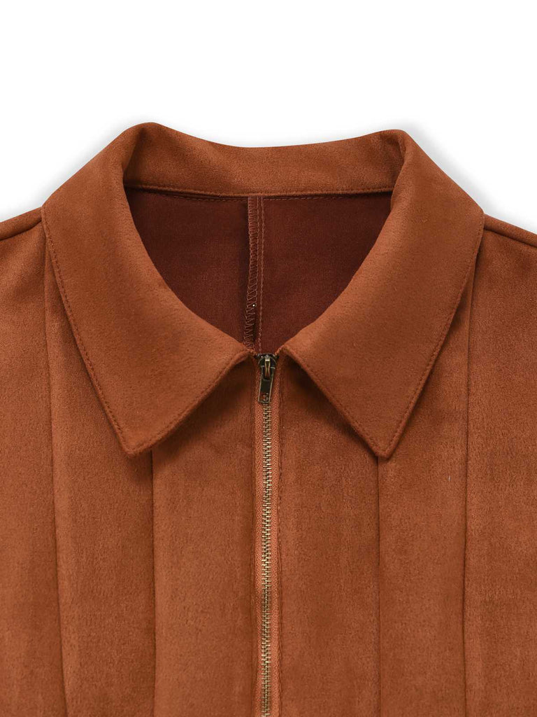 Close-up of the pointed collar and the gold-tone front zipper on the brown faux suede material.