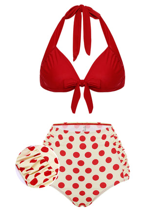 [US Warehouse] Red 1950s Polka Dots Halter Bikini Set