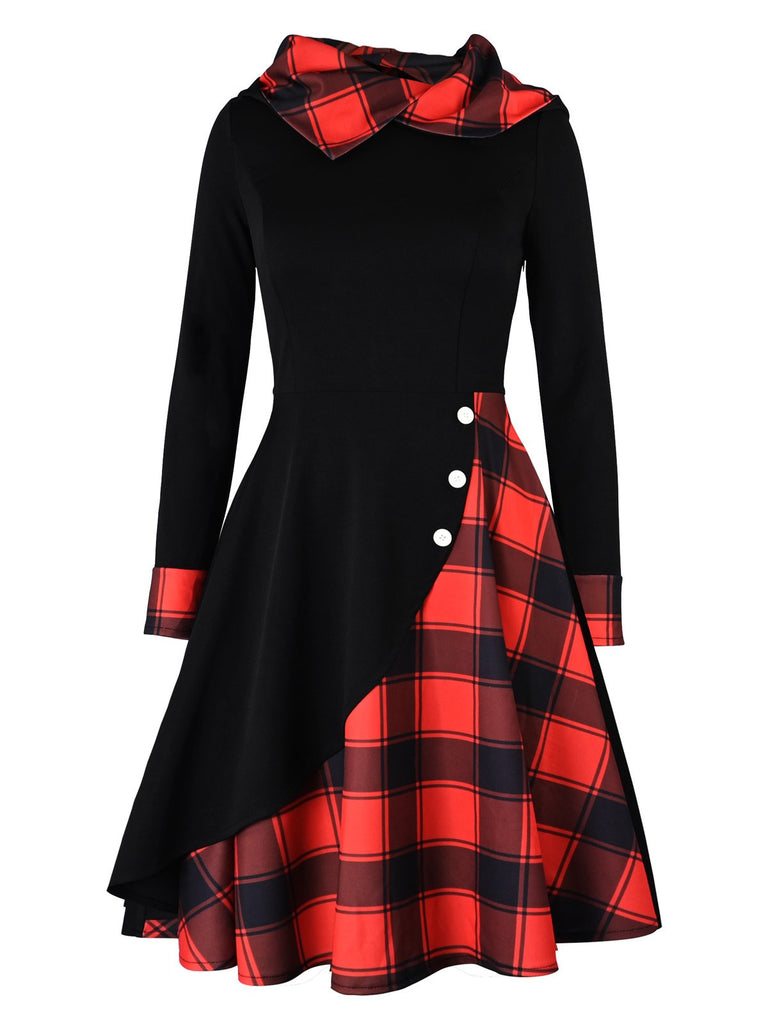 Black 1950s Plaid Hooded Button Dress