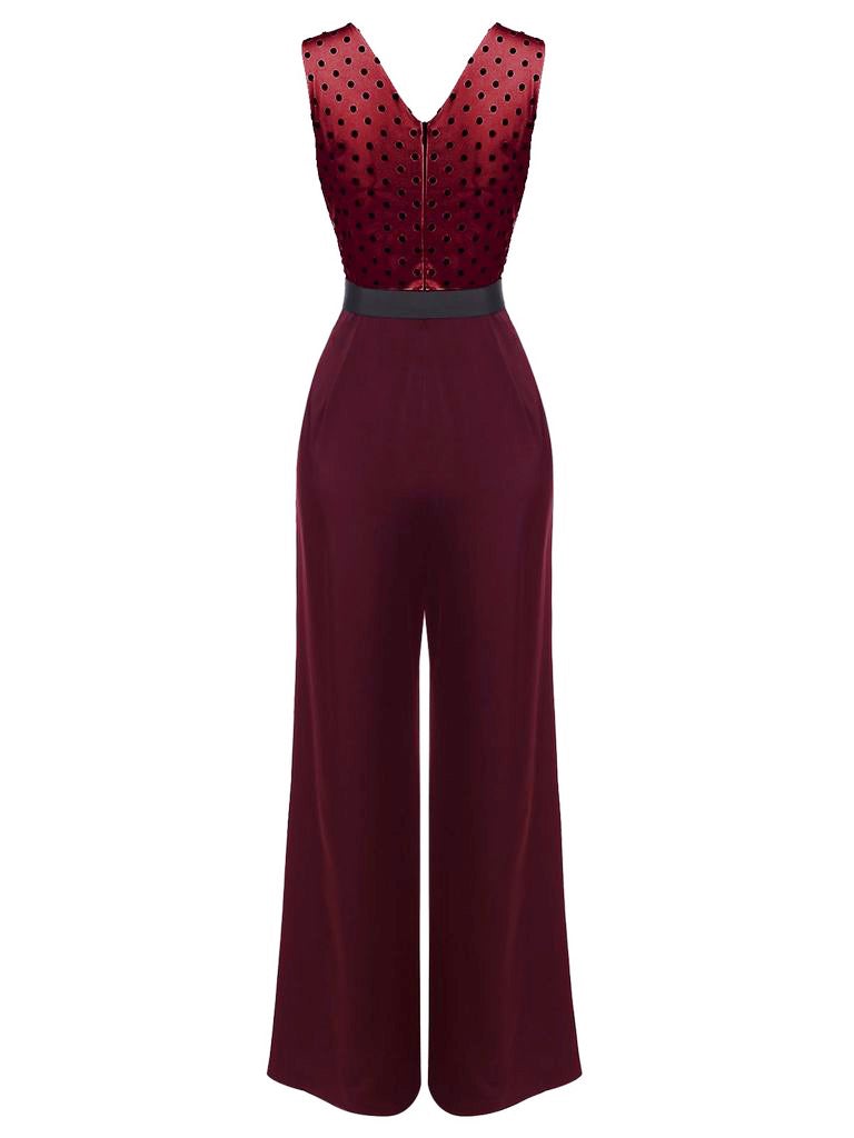 Wine Red 1930s Polka Dot Belt Jumpsuit