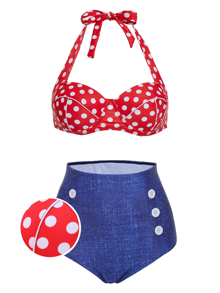 1950s Retro Polka Dot Halter Bikini Swimsuit