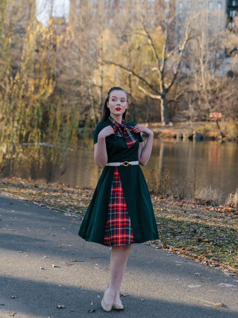 1950s Plaid Patchwork Bow Swing Dress