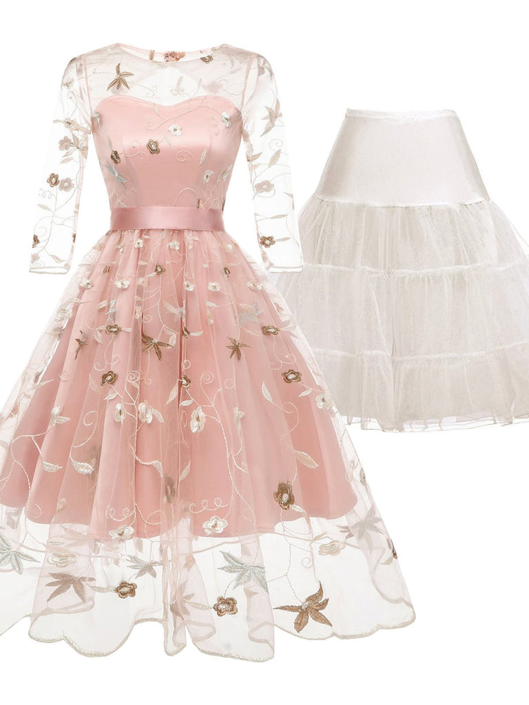 2PCS Pink 1950s Dress & White Petticoat