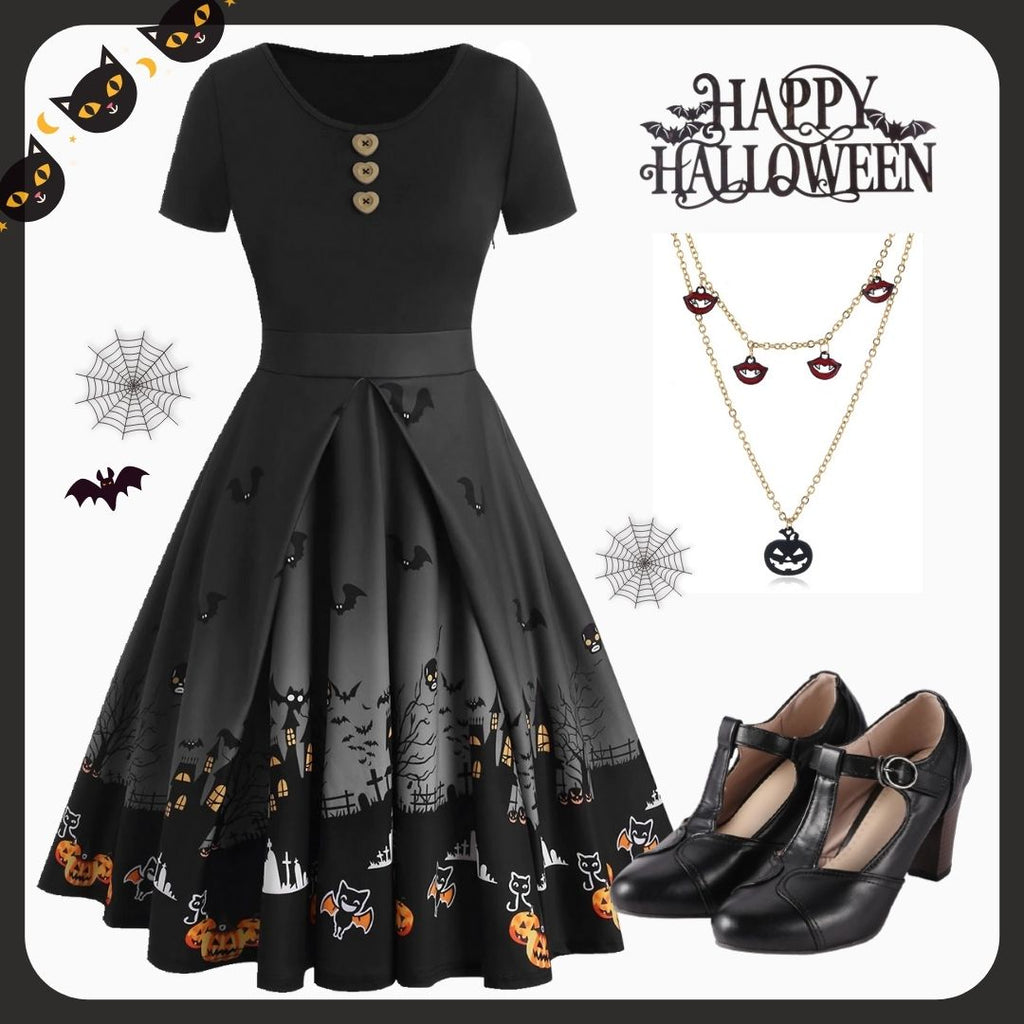 Black 1950s Halloween Button Dress