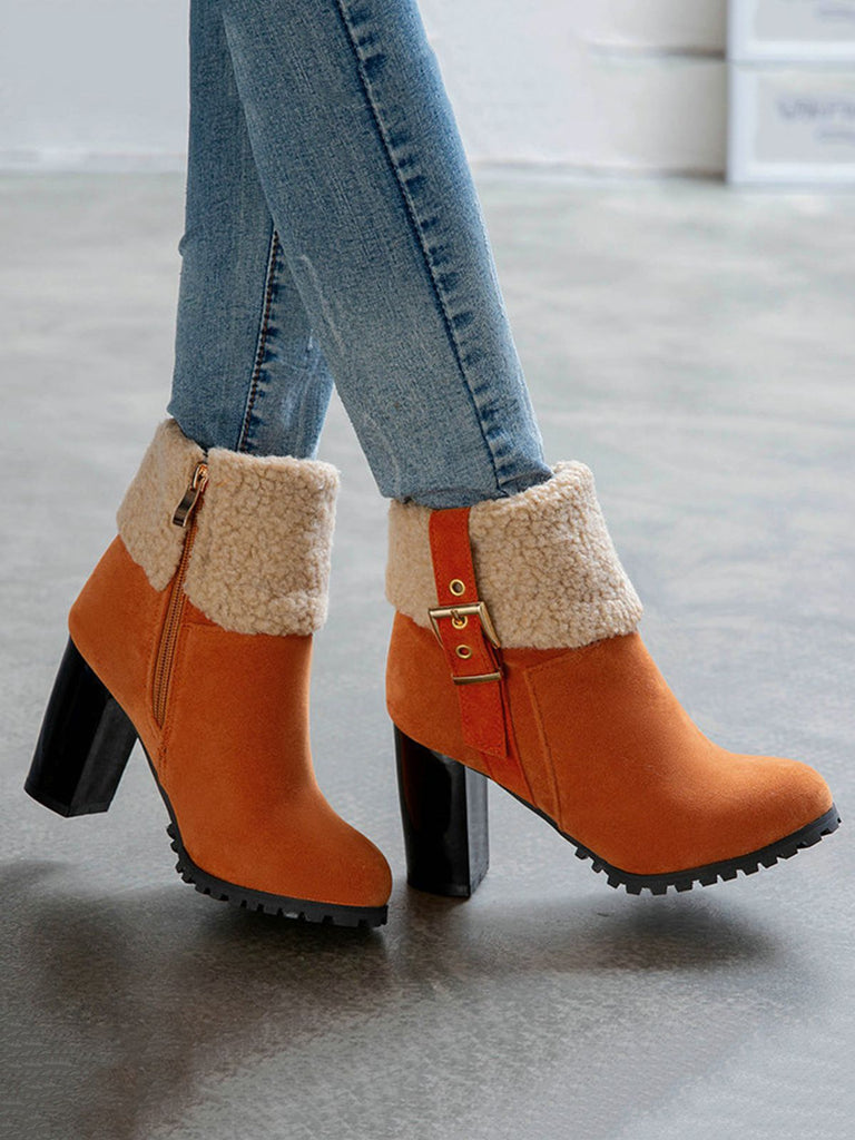 Retro Plus Velvet Chunky Heel Short Boots