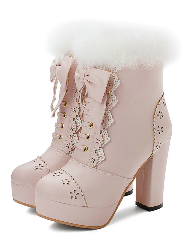 Retro Furry Bowknot Chunky Heel Snow Boots