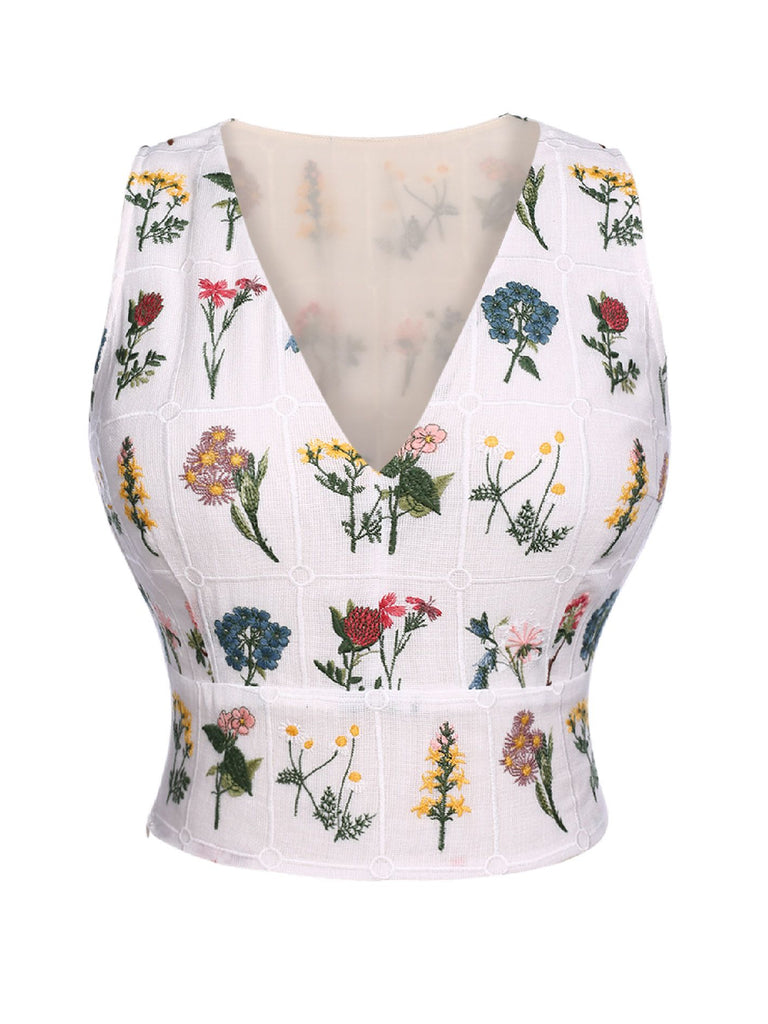 White 1950s Floral Embroidery Crop Top