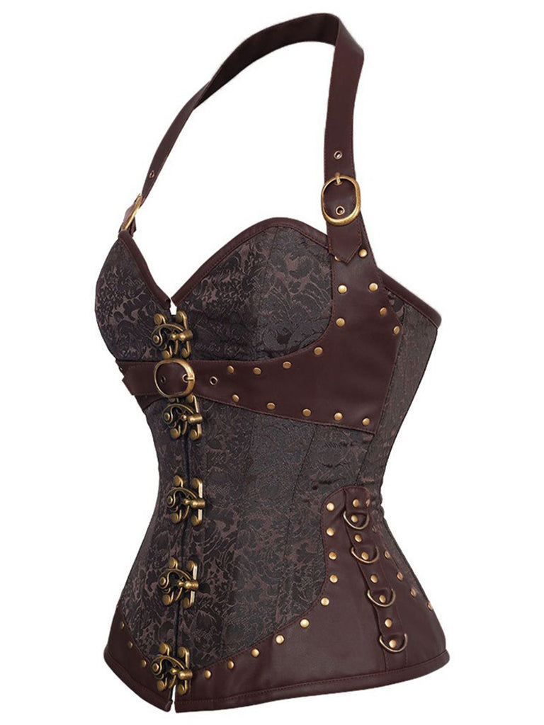 Steampunk Halter Leather Gothic Button Corset