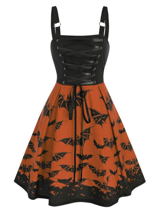 Orange 1950s Strap Lace-up Swing Dress