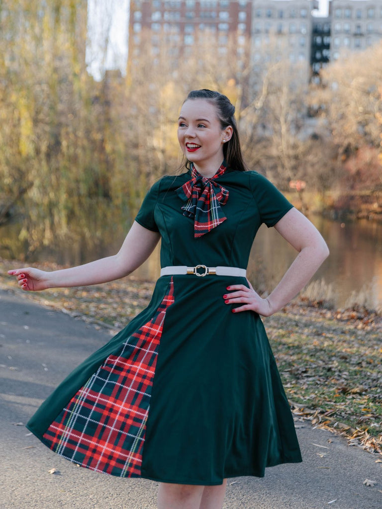 1950s Plaid Patchwork Bow Swing Dress