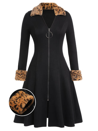 Black 1950s Lapel Leopard Patchwork Dress