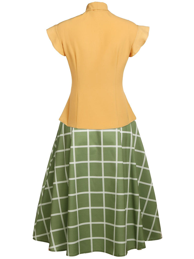 2PCS 1950s Bow Plaid Blouse & Skirt