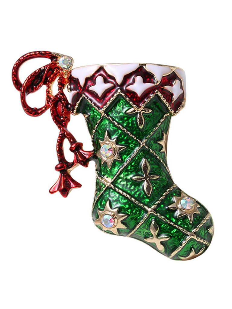 Retro Christmas Sock Rhinestone Brooch