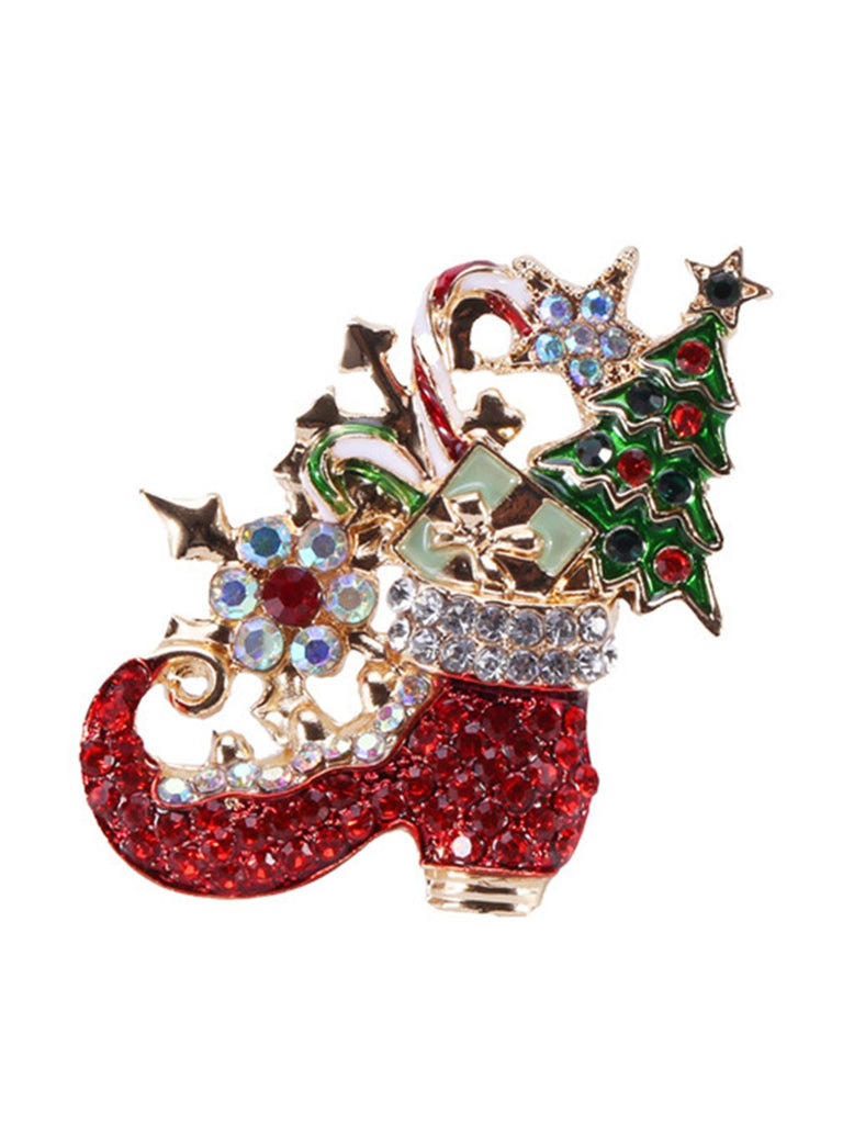 Retro Christmas Boots Rhinestone Brooch