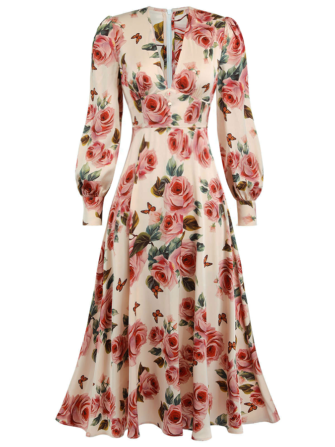 1940s Rose V-Neck Long Sleeves Dress