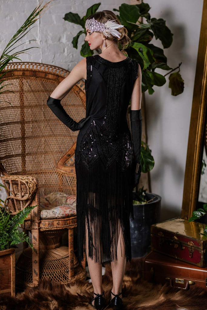 1920s Beaded Fringed Flapper Dress, classic 1920s style elegant retro fashion - Image 6