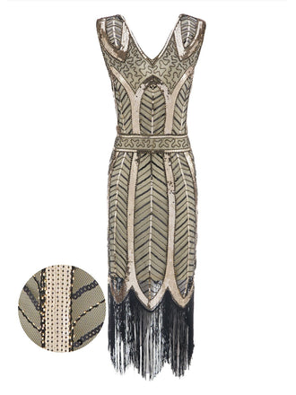 1920s Leaves Sequined Tassel Dress, classic 1920s style elegant retro fashion - Image 1