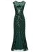 She wears 1920s Sequin Art Deco Maxi Dress with vintage grace