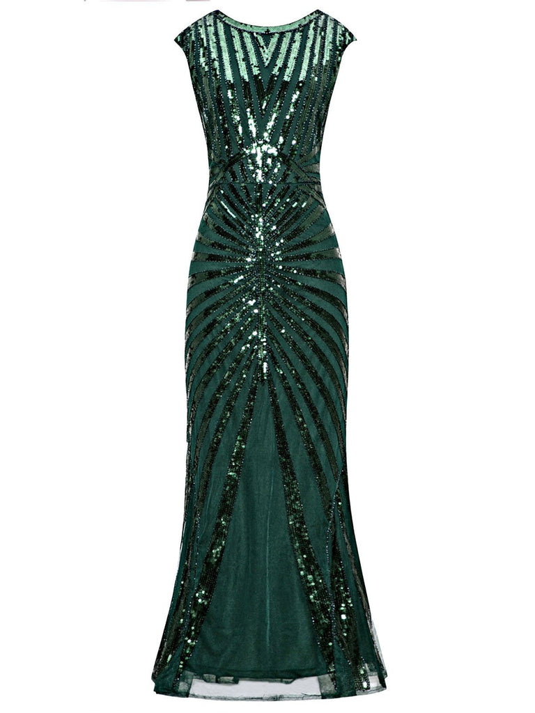 This 1920s Sequin Art Deco Maxi Dress wraps her in 1920s elegance, one twirl at a time