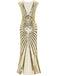 She wears 1920s Sequin Art Deco Maxi Dress with vintage grace