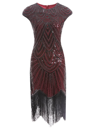 Wine 1920s Sequin Beaded Fringed Dress, classic 1920s style elegant retro fashion - Image 1