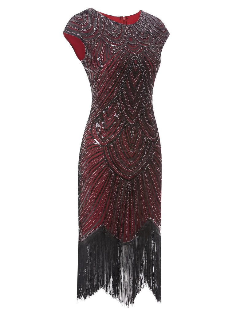 Wine 1920s Sequin Beaded Fringed Dress, classic 1920s style elegant retro fashion - Image 6