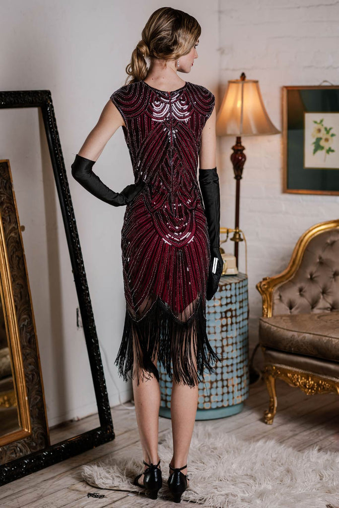 Wine 1920s Sequin Beaded Fringed Dress, classic 1920s style elegant retro fashion - Image 4